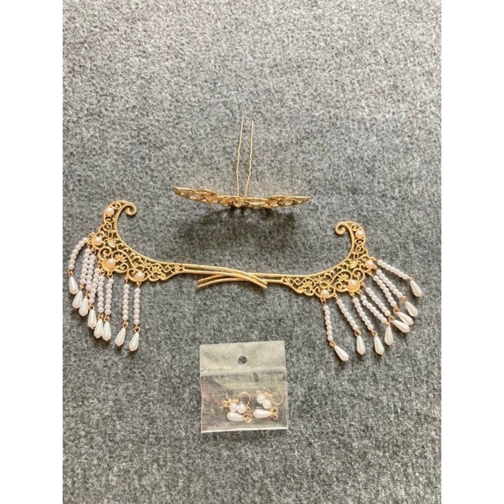 Traditional  Hair Accessory Set Gold Pearl Tassel Comb Forks Earrings - Picture 2 of 9